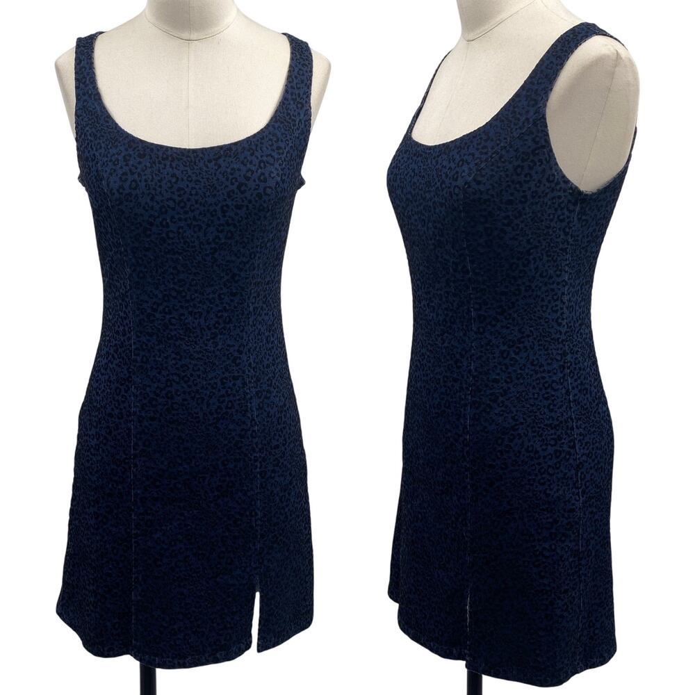 Vintage 90s Y2k Velvet Leopard Denim Mini Dress Fitted Slit Front Blue Black 2/4